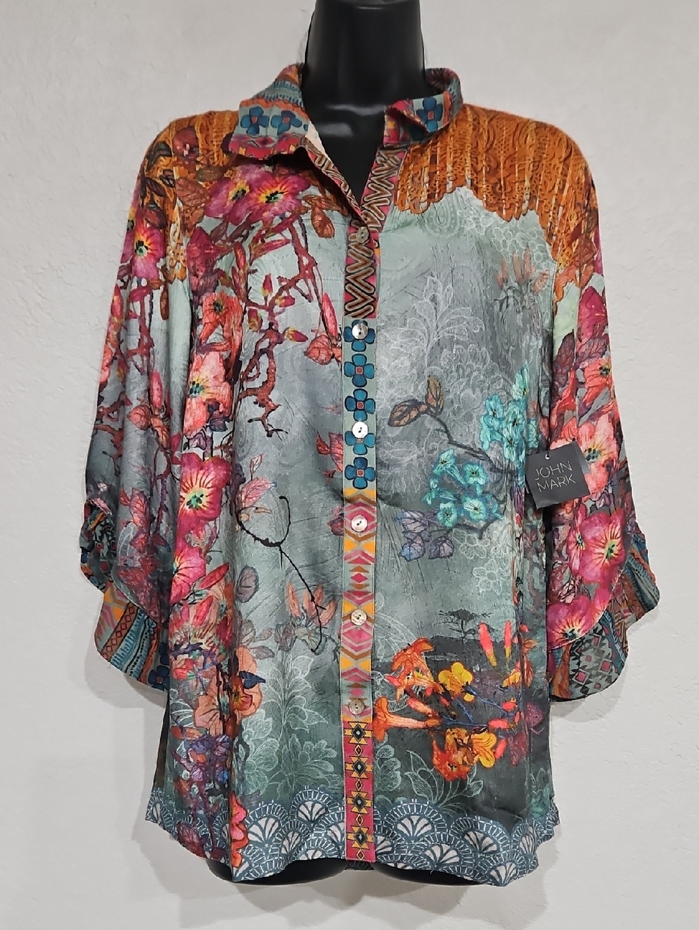 John Mark | NWT Women's Multicolor Floral Button-Up 3/4 Sleeves Blouse Sz S